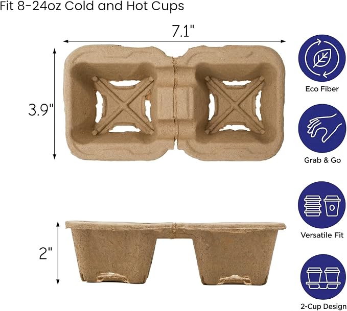 ZOOFOX 100 Pack Disposable Drink Carriers, 2-Cup Perforated Pulp Fiber Cup - Image 2