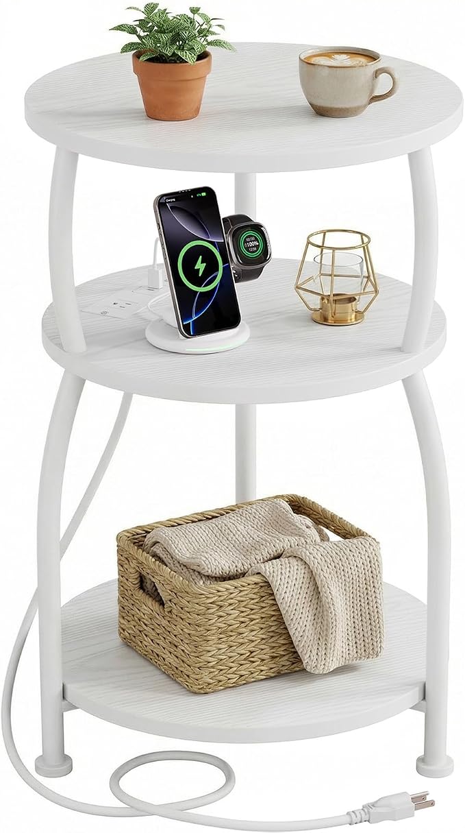 Round Side Table with Power Outlet & USB Ports, 3-Tier End Table with Storage by designyourhome