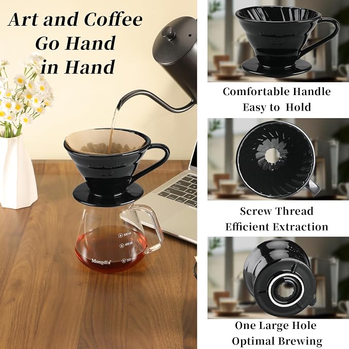 Mongdio Ceramic Pour Over Coffee Dripper, Reusable Porcelain Portable Pour Over - Image 2
