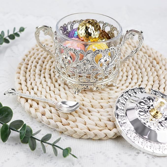 Glass Sugar Bowl with Lid and Spoon Vintage Kitchen Food Canister Condiment Pot - Image 7