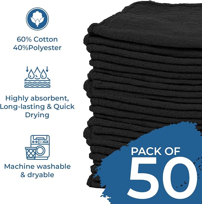 DAN RIVER Shop Towels, 50 Pack Commercial Use Black Terry Cloth Rags - Image 3