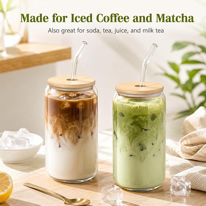 Glass Cups with Lids and Straws 2 Pack, 16 oz Iced Coffee Cups with Bamboo Lids - Image 2