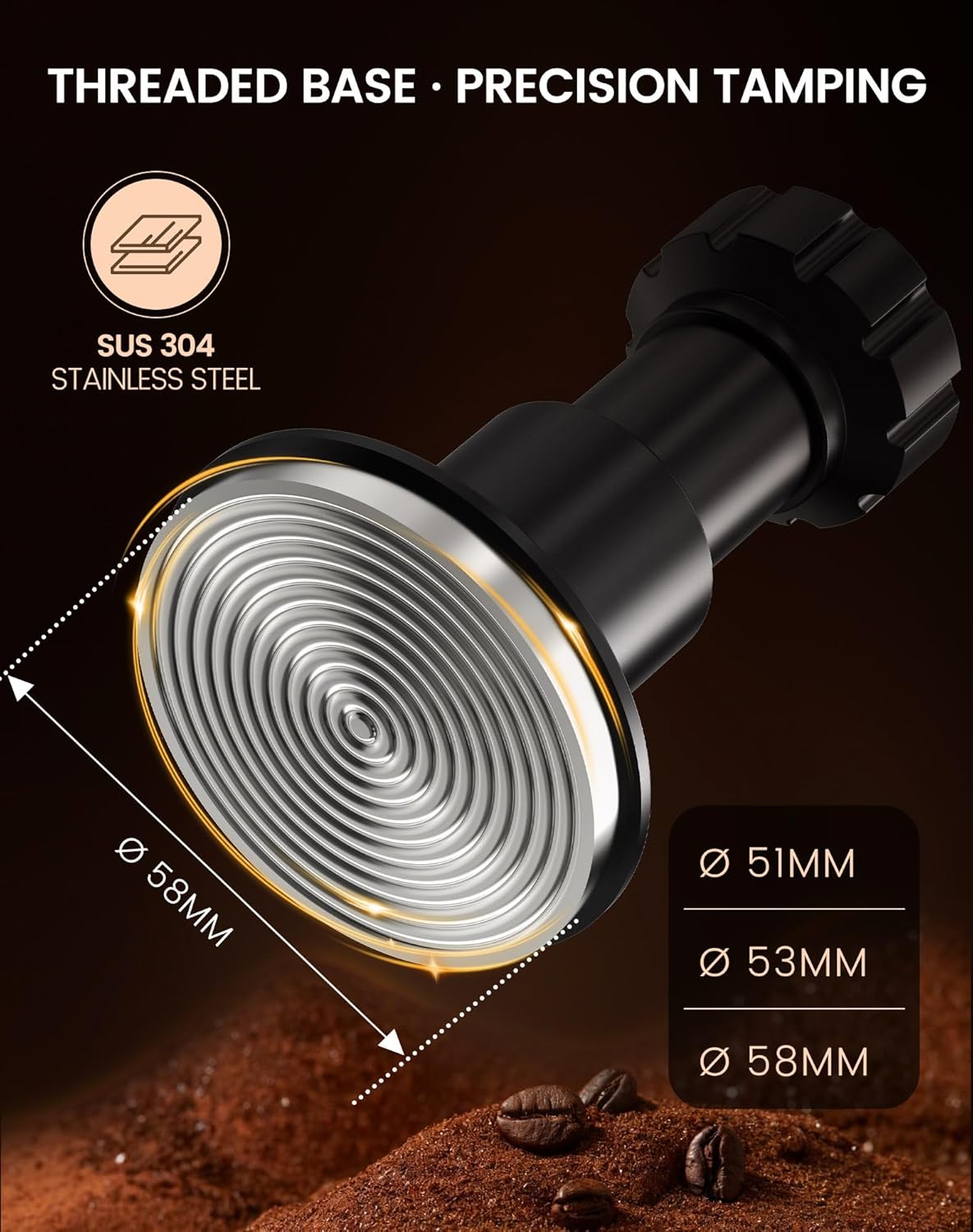 Espresso Tamper Kit, 58.35mm Spring-Loaded Calibrated Coffee Tamper with Click Feedback, Self-Leveling Ripple Base, Espresso Press Tool Compatible with 58mm Espresso Machines Portafilter, Black