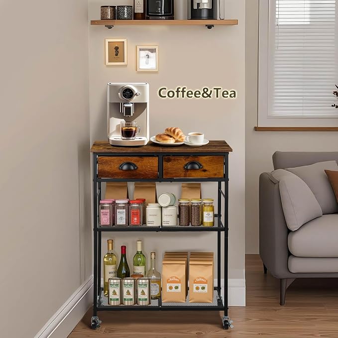Rolling Coffee Cart with Storage Drawers, Small Coffee Bar Cabinet with - Image 2