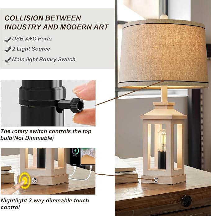 G-SAFAVA 23.75" Retro Farmhouse USB C+A Ports Table Lamp - Image 7
