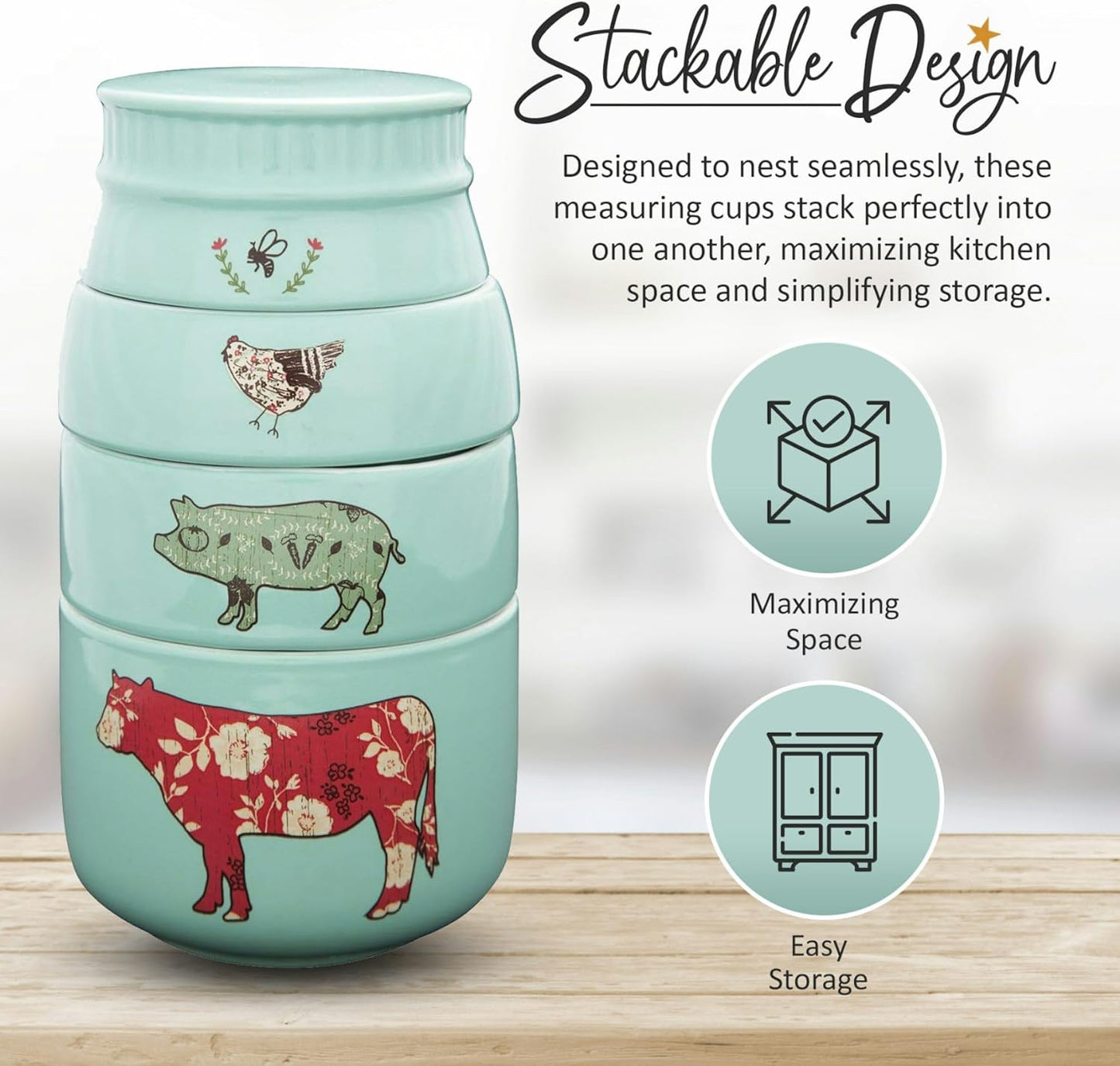 Pavilion Gift Company - 'Live Simply Bee, Chicken, Pig, and Cow' - 4-Piece Stoneware Measuring Cups Set, Sturdy Farmhouse-Style Kitchenware for Home Baking, Cooking, Gifting - Teal, 8 Ounces