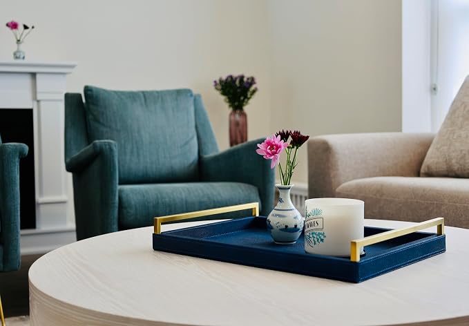 Navy Blue Ottoman Shagreen Leather Coffee Table Tray - Image 3