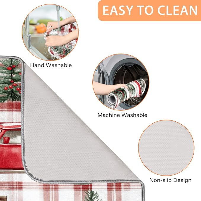 Plaid Christmas Pattern With Trucks Dish Drying Mat, Kitchen Counter Quick Dry - Image 4