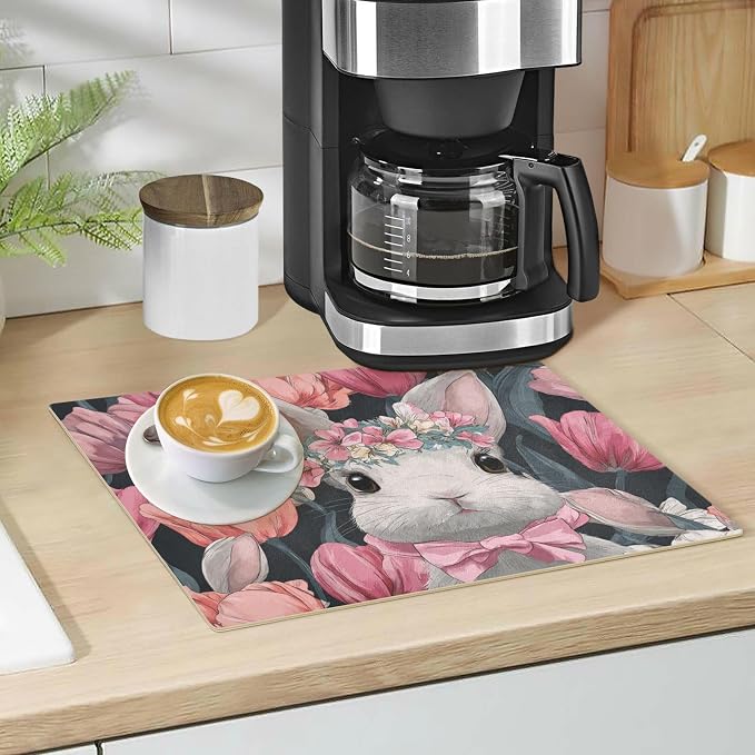 Blue Rabbit Tulip Easter Coffee Mat Coffee Bar Maker Backed Absorbent Nonslip - Image 5