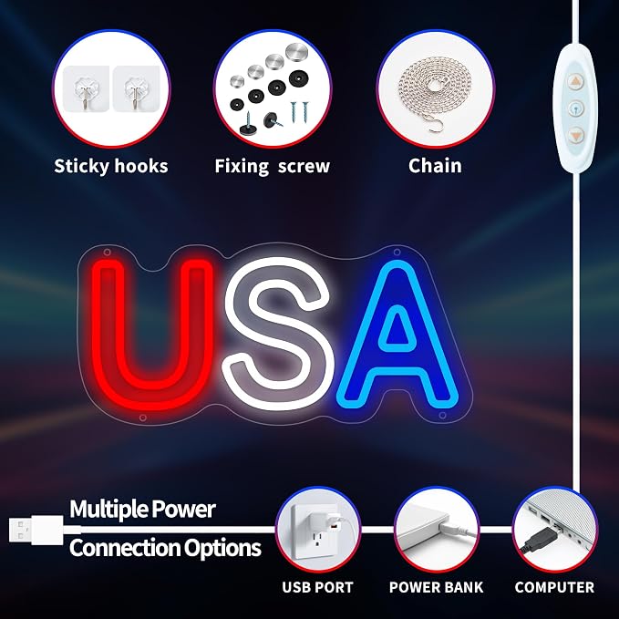 USA Neon Sign for Wall Decor, USA Led Signs, Dimmable USB Powered Neon Light - Image 3