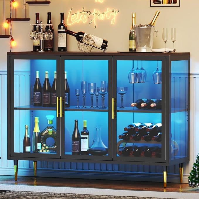 Wine Bar Cabinet with LED Lights, Metal Wood Home Coffee Bar Cabinet with Glass - Image 3