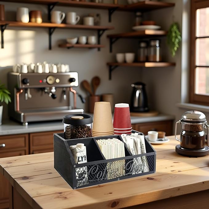 Coffee Station Organizer, Rustic Farmhouse Wood Condiment Storage Basket - Image 5