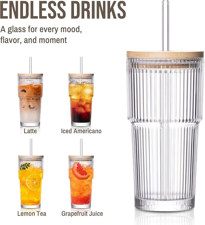 SoulTimes 20oz Glass Cups with Lids and Straws, Ribbed Glass Tumbler - Image 6