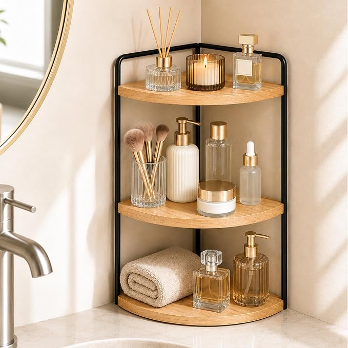 3-Tier Corner Bathroom Countertop Organizer, Solid Pine Wood Vanity Shelf | by SwartLife