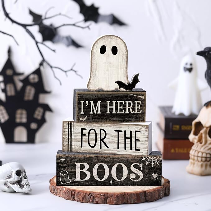 Lineshading 4 Pcs Halloween Table Decoration Wooden Ghost Tiered Tray Decor - Image 2