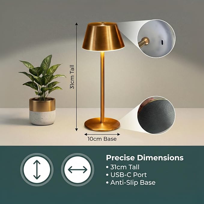 Gold Cordless Table Lamp, Premium All-Metal Brushed Wireless Rechargeable Lamp - Image 7