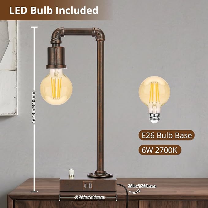 Industrial Table Lamp for Bedroom, Fully Dimmable Bedside Lamp - Image 5