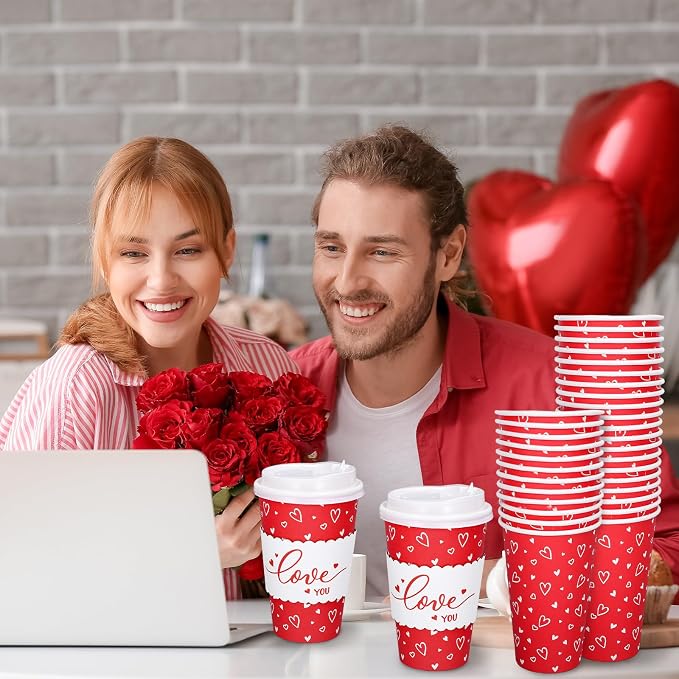 Whaline 50 Set Valentine's Day Red Heart Disposable Coffee Cups - Image 6
