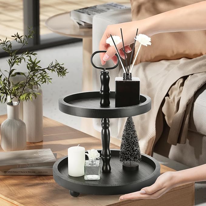 Wooden Two Tiered Tray Stand, Farmhouse Round 2 Tier Decorative Tray - Image 7