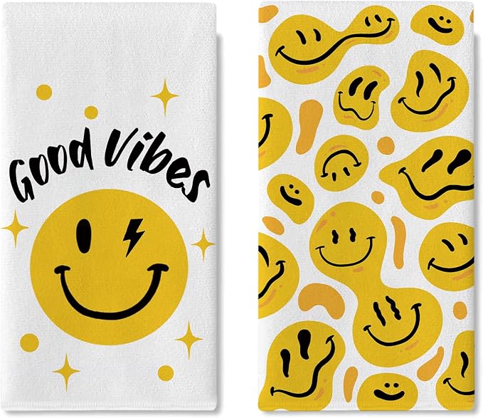 Good Vibes Smiley Face Kitchen Dish Towels Set of 2, Positive Hippie Smiles by Croar