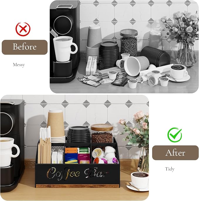Coffee Station Organizer, Rustic Brown Wooden Countertop Coffee Bar Accessories - Image 5