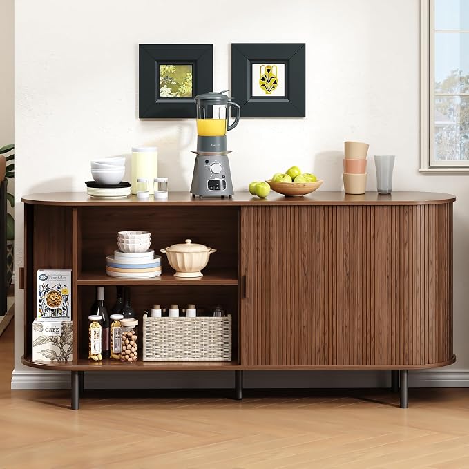 Buffet Cabinet with Storage, Fluted Sideboard Buffet with Sliding Door - Image 4