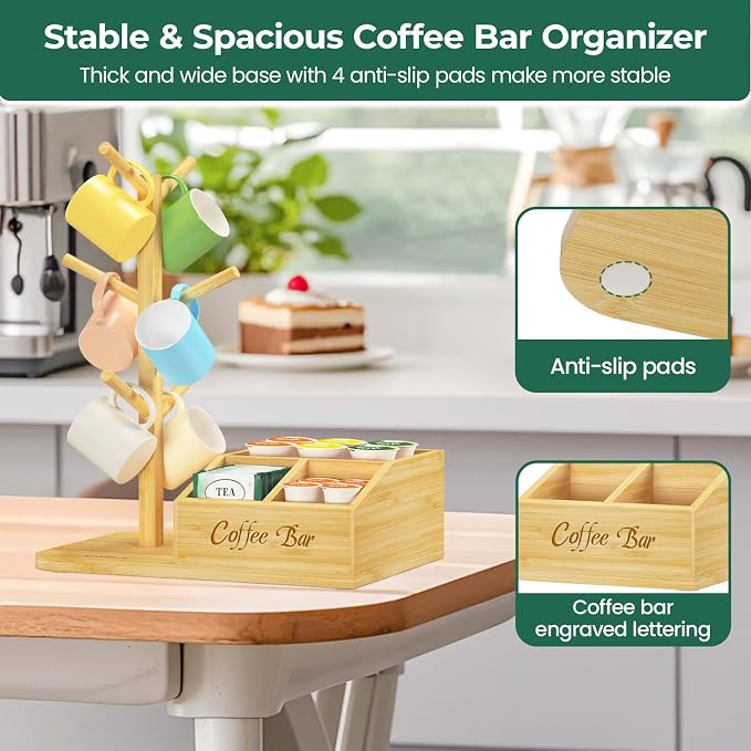 EsLuker.ly Mug Tree Holder Stand, Countertop Bamboo Coffee Cup Organizer Rack - Image 5