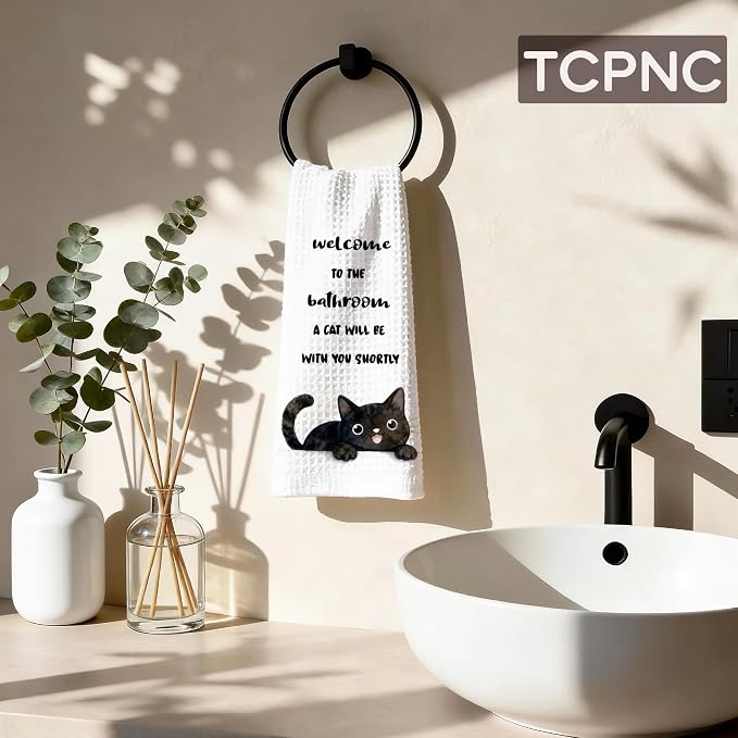 Funny Black Cat Bathroom Towel, Cute Black Cat Hand Towel - Image 2