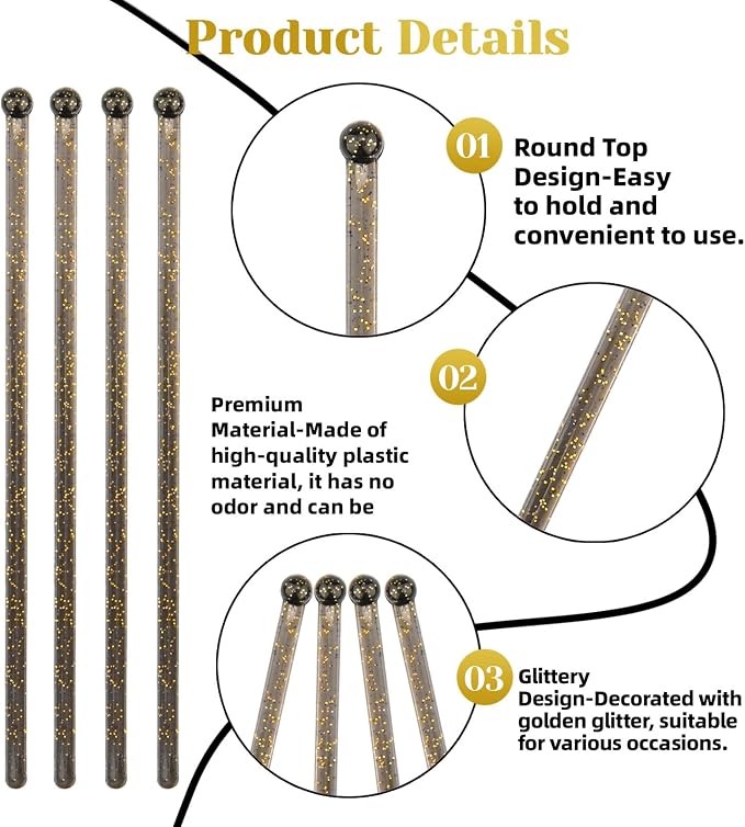 hapray 50 PCS Black Gold Glitter Plastic Swizzle Sticks, Crystal Cake Pops - Image 3