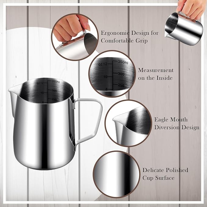 Dandat 8 Pcs Milk Frothing Pitcher Espresso Steaming Pitchers 12 Oz Stainless - Image 3