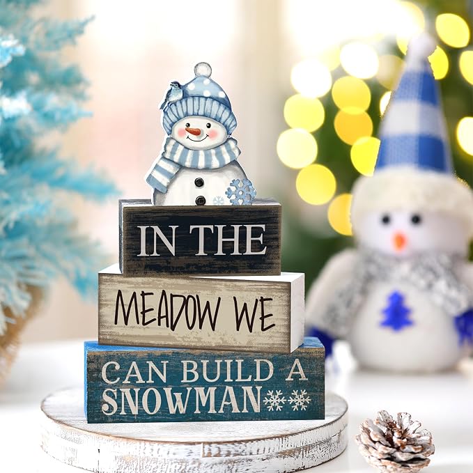 Yuntau 4 Pcs Winter Table Decoration Blue Snowman Decor Winter Tiered Tray - Image 7