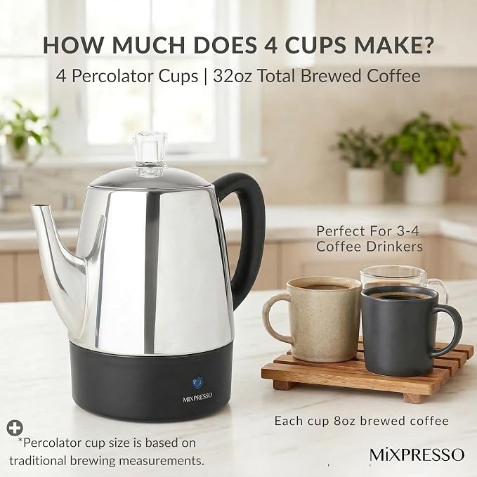Mixpresso Small Electric Percolator Coffee Pot 4 Cup Stainless Steel - Image 3