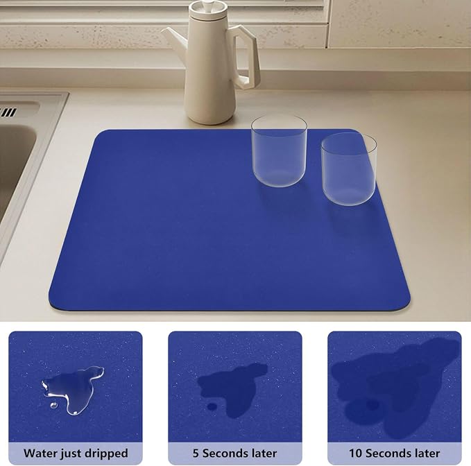 Blue Dish Drying Mat for Kitchen Counter No-slip Rubber Bottom Dish Drying Pad - Image 4