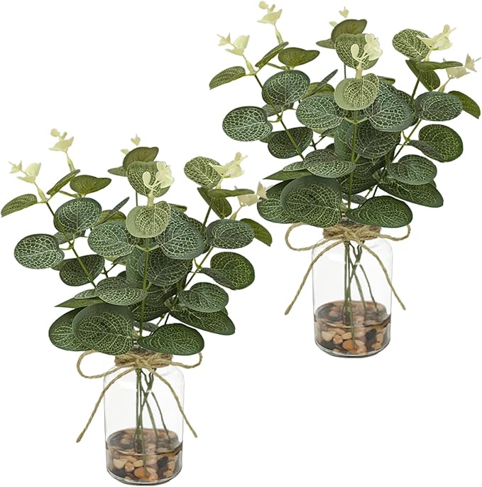 2 Pack Artificial Eucalyptus Stems in Glass Vases, Small Faux Plants by UNLEMONI