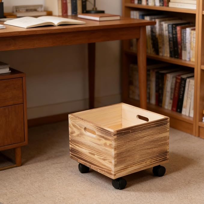 Unfinished Wood Crate: Rolling Crate On Wheels, Office Storage Cube Record - Image 9