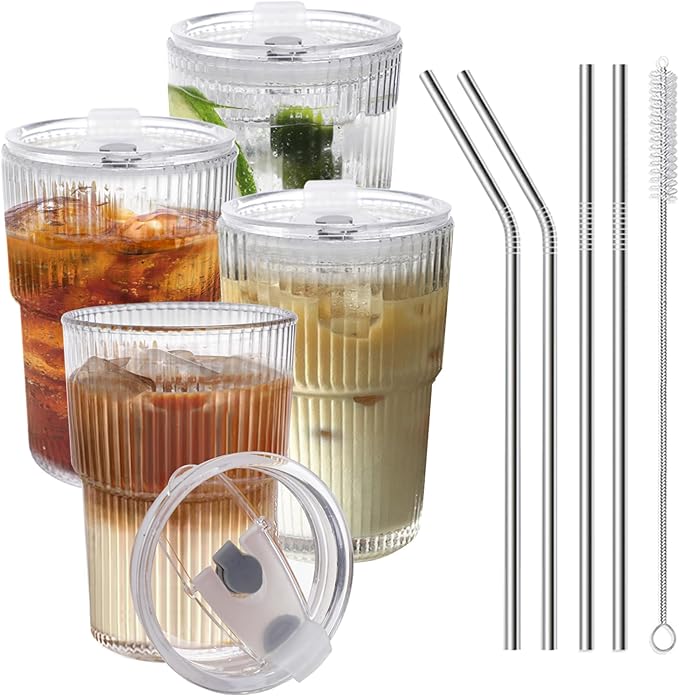 HIGIINC Iced Coffee Cups With Lids and Straws 4 Pcs, 16 OZ Unbreakable Glasses by HIGIINC