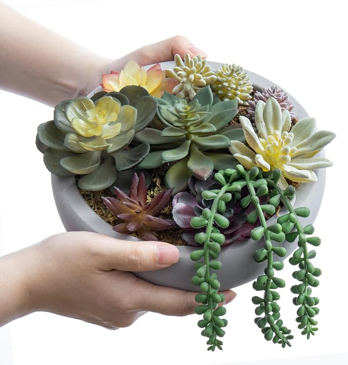 MyGift 8 Inch Round Modern Artificial Succulent Arrangement Potted in Gray - Image 6
