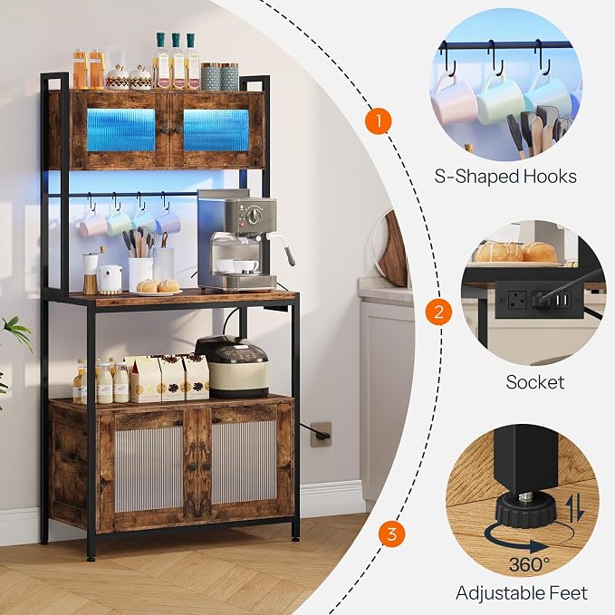 HOOBRO Bakers Rack with Storage Cabinet, 5-Tier Coffee Bar with Power Outlet - Image 7