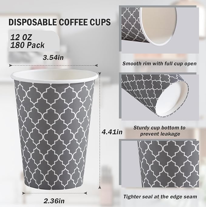 Lamosi Coffee Cups 12 oz 180 Pack, Disposable Paper Coffee Cups, Disposable Cups - Image 2