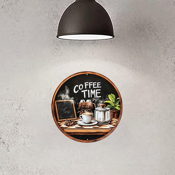 Coffee Time Chalkboard Coffee Maker Cup Beans Plant Round Tin Sign Vintage - Image 7