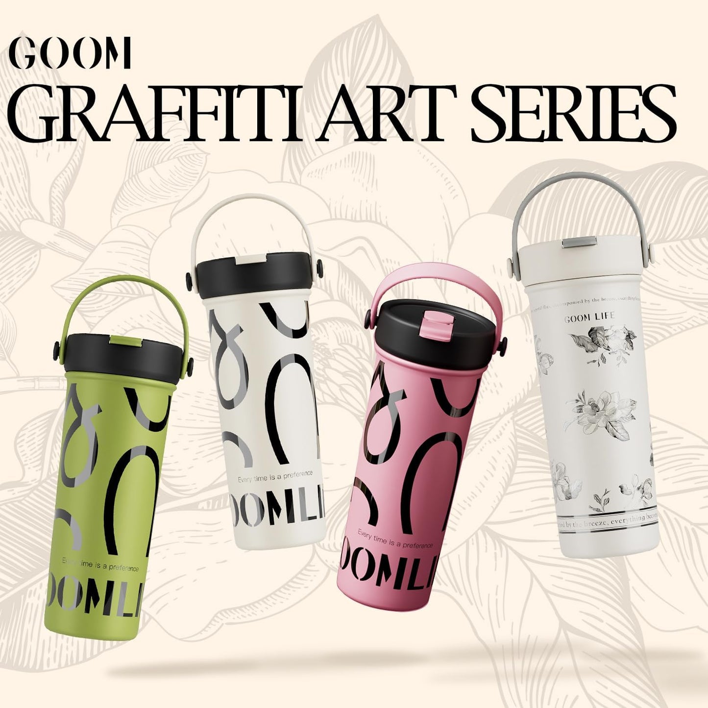 GOOM 20 oz Spill Proof Tumbler with Lid and Straw, Top Handle, Extended Tea Infuser, 18/10 Stainless Steel, Insulated Hot & Cold Brew Gifts for Mom Women Her, Teacher Gifts - Floral White