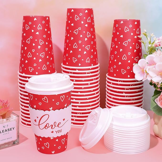Whaline 50 Set Valentine's Day Red Heart Disposable Coffee Cups - Image 5