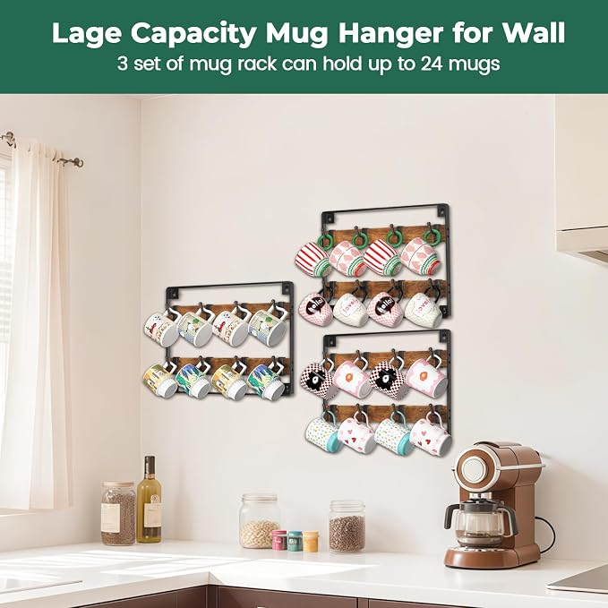 EsLuker.ly Mug Holder Hanger Rack Wall Mounted Wooden 3 Pack Coffee Cup Storage - Image 5