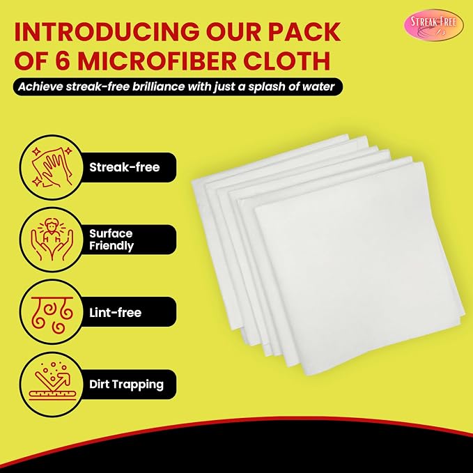 Streak Free/3 Microfiber Glass Cleaning Cloth, 6 Pack, Lint Free & Reusable - Image 2