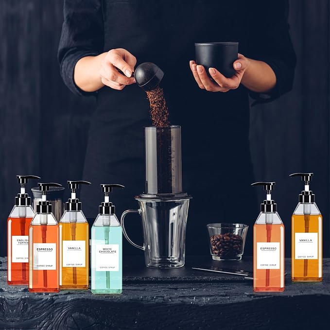 Nuogo 6 Pcs Coffee Syrup Dispenser Bottles Set 750ml, 150ml PET Black Syrup - Image 6
