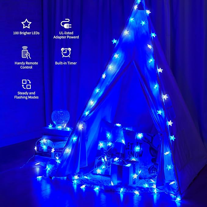 Minetom Blue and White Star String Lights Plug in - 33 ft 100 LED Star Fairy - Image 3
