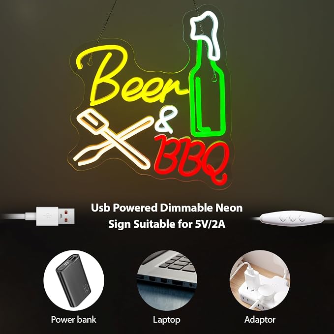 Neon Beer Signs for Wall Wine Decor LED BBQ Sign Light Up Bar Backyard Party - Image 5