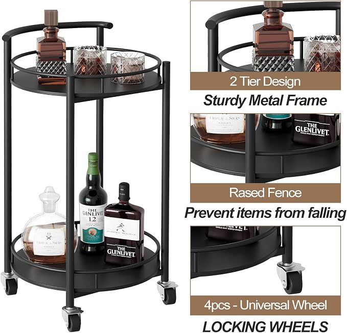 Bar Cart Black Rolling Cart for Home, 2 Tiers Bar Serving Cart Round Wine Cart - Image 3