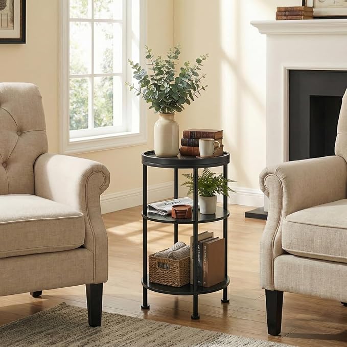 Small Round Side Table with Tray Top, 3-Tier Black End Table - Image 8