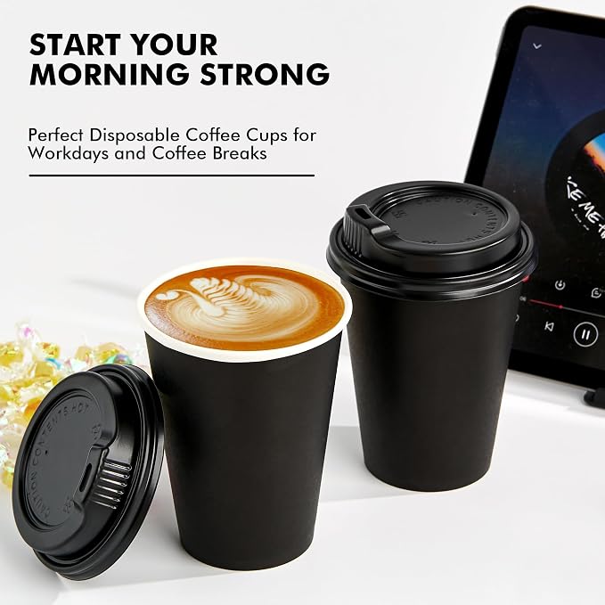 RACETOP 12 oz Paper Coffee Cups, 100 Pack Black Disposable Coffee Cups - Image 9